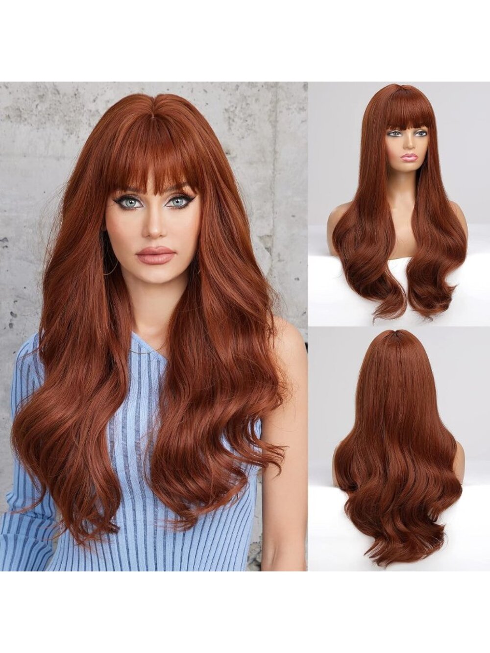 Women's Auburn Heat Resistant Long Curly Wavy Synthetic Wig with Bangs Size 26In